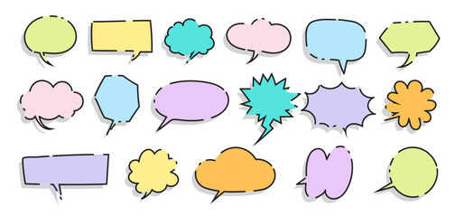 Set of Colorful speech bubbles in Hand-drawn style , chatting box, message box, think balloon, speak bubble, cartoon elements vector illustration