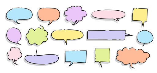 Fototapeta premium Set of Colorful speech bubbles in Hand-drawn style , chatting box, message box, think balloon, speak bubble, cartoon elements vector illustration