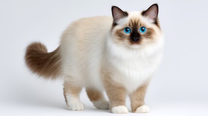 Beautiful Cat with Blue Eyes and Soft Fur Standing on White Background
