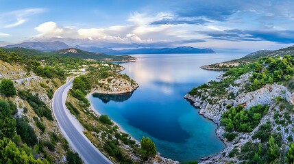 Stunning panoramic drone view of serene sea and sky horizon coastal road natural beauty