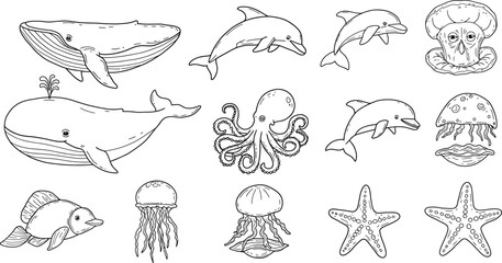 Sea Creatures Line Art: Whale, Dolphin, Octopus, Jellyfish, Starfish