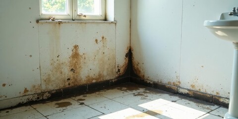A neglected restroom corner reveals extensive water damage; stained walls and floor indicate a serious plumbing issue requiring urgent repair