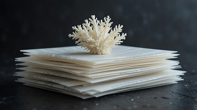 A stack of thin, translucent sheets, resembling paper or fabric, with a delicate, white, coral-like structure perched atop