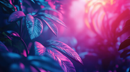 Vibrant Tropical Leaves in Pink and Blue Neon Light