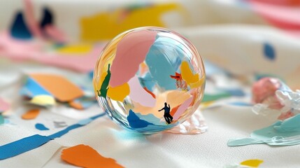 Colorful sphere amidst abstract paint splatter on fabric