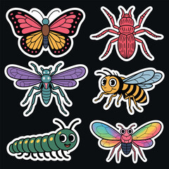 Colorful cartoon insects and bugs set isolated on a dark background for design