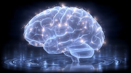 Obraz premium Illuminated Mind: A Glowing Brain Reflecting in Still Waters