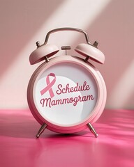 Pink clock with 'Schedule Mammogram' reminder and awareness ribbon.