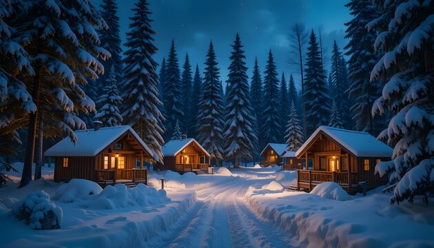 Snowy cabins nestled in dark woods
