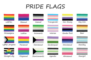 Set of colorful LGBTQ+ pride flags Gender equality and sexual identity pride flags collection LGBTQIA community pride month