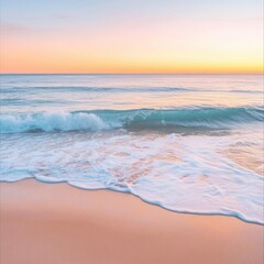 Fototapeta premium Ocean Wave Breaking on Shore at Sunrise Eye Level View Serene Beach Scene with Pastel Sky Colors in Coastal Landscape