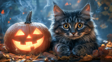 Obraz premium Charming Halloween-themed coloring activity featuring a playful cat and pumpkin for children’s creativity enhancement