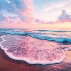 Obraz premium Serene ocean wave rolling onto shore at pastel sunrise eye level view in coastal landscape setting