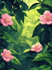 Artistic rendering of pink camellias amidst lush green foliage in a sun dappled jungle setting, vibrant colors and serene atmosphere