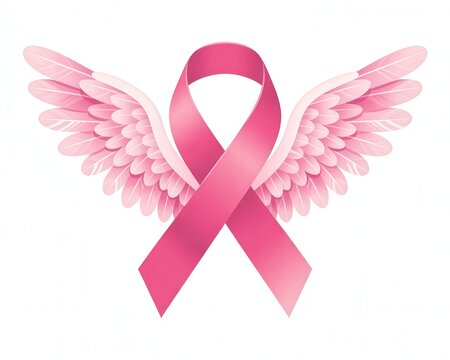 Pink ribbon with angel wings symbolizing breast cancer awareness.