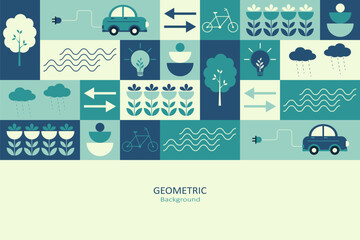 An abstract geometric background featuring eco-conscious icons such as electric cars, trees, flowers, and energy symbols. It employs a palette of teal, blue, and green.