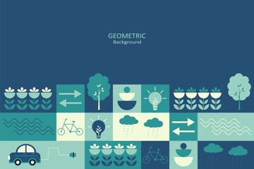 An abstract geometric background featuring eco-conscious icons such as electric cars, trees, flowers, and energy symbols. It employs a palette of teal, blue, and green.