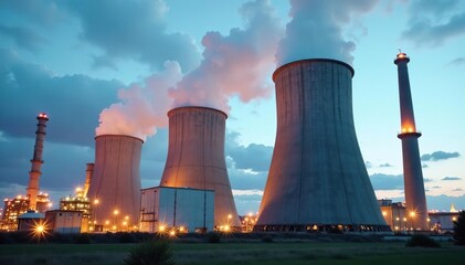 Fototapeta premium Large industrial cooling tower at an oil refinery, emitting steam Close-up view , summer, industrial facility, energy