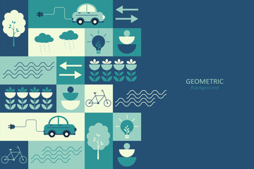 An abstract geometric background featuring eco-conscious icons such as electric cars, trees, flowers, and energy symbols. It employs a palette of teal, blue, and green.