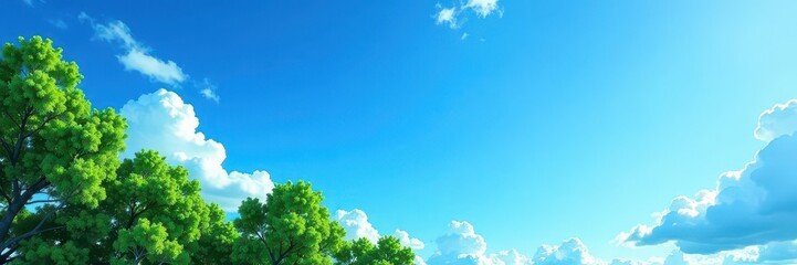 Obraz premium Vast blue sky with wispy clouds, lush green branches below , sunlight, nature