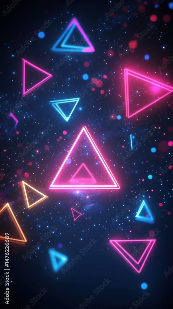 Poster neon triangles floating in space abstract digital art background futuristic design graphic resource