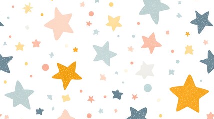Playful pattern of pastel stars and circles on white background.