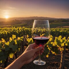"A chilled glass of red wine held by a person&rsquo;s hand during sunset, with a vineyard landscape in the background and soft golden lighting."