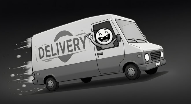 A digital doodle of a delivery van zooming along, with a big ol' "DELIVERY" label