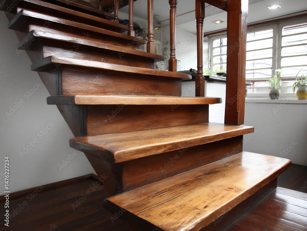 Poster bright and minimalist abstract photograph focusing on the rhythmic pattern of the steps of a wooden 