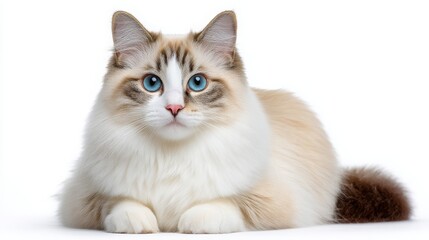 Sweet fluffy cat with blue eyes resting on white background