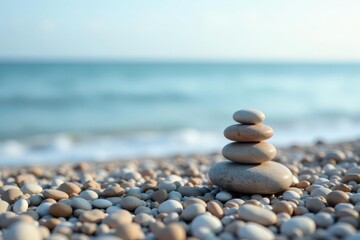 Serene Coastal Stones A Balanced Stack of Smooth Pebbles on a Sandy Beach with a Calm Ocean in the Background