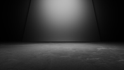 3d rendering of black abstract geometric modern dark room background. Scene for advertising design, showroom, technology, future, modern, sport, game, spaceship, warehouse, garage. Sci Fi Illustration