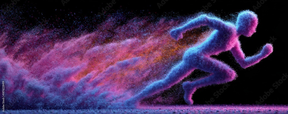 Poster dynamic running action digital realm abstract art vibrant environment futuristic viewpoint
