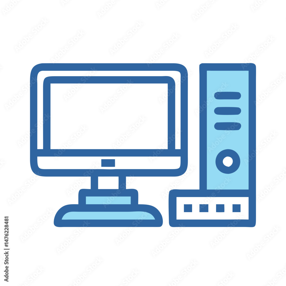 Poster modern blue computer icon with monitor and tower unit