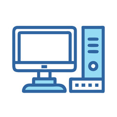 Modern blue computer icon with monitor and tower unit