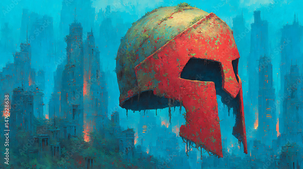 Poster surreal 3d rendering of a spartan helmet floating in a futuristic cityscape with neon lights reflect