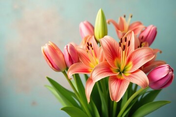 Naklejka premium Vibrant Easter lilies and tulips in a spring bouquet , Easter bunny, vibrant