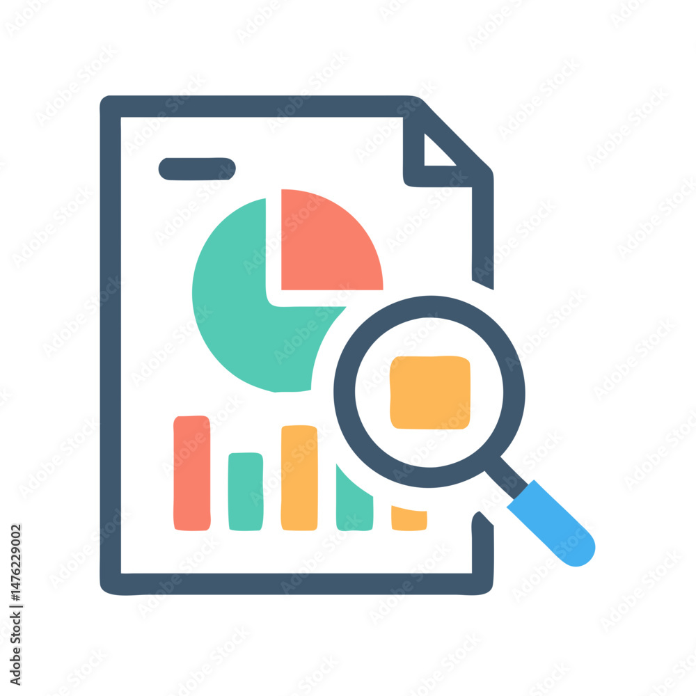 Poster analyzing business data with magnifying glass on paper document