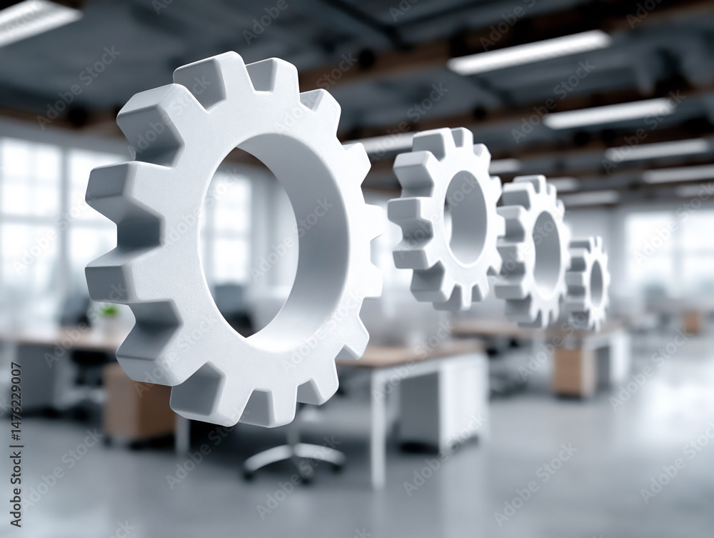 Poster bright and modern abstract photograph of interconnected gears and cogs floating above a blurred offi