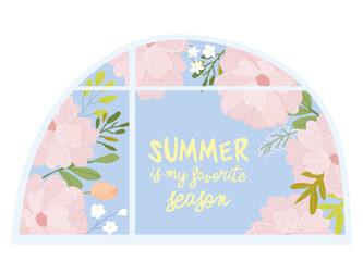 Summer open house window frame summer blossom, blooming flowers