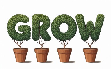 Topiary letters spelling 'GROW' in pots.