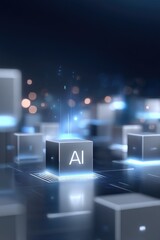 Glowing AI cube among others, representing digital transformation and technological advancement within a network