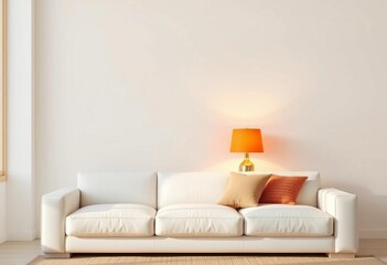 Pastel orange lamp, white sofa, empty white wall, copy space, room,  empty wall