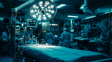 Surgical operating room interior with equipment and personnel.