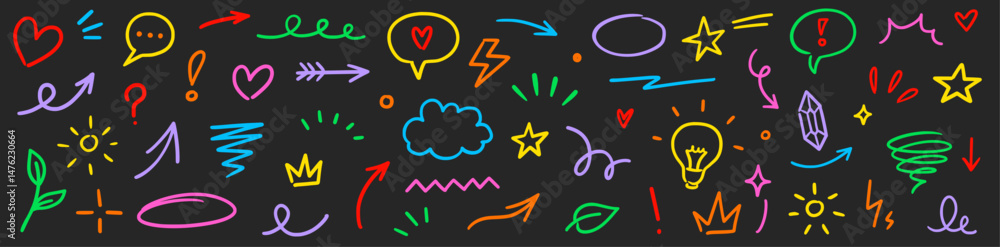 Poster line marker hand color brush icon set. arrow stroke sketch pencil underline drawn element colorful s