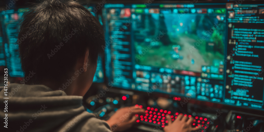 Poster bright and modern office photograph of a young game developer coding game logic on a laptop, with ga