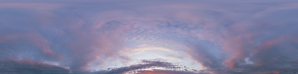 Naklejka premium Sunset sky with bright glowing pink Cumulus clouds. Seamless spherical HDR 360 panorama. Full zenith or sky dome in 3D, sky replacement for aerial drone panoramas. Climate and weather change.