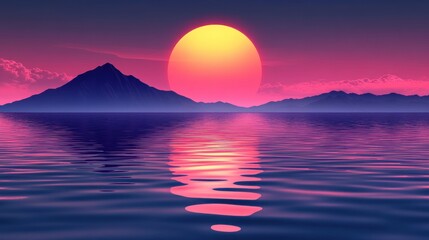 Fototapeta premium Retro wave ocean sunset landscape with mountain silhouette and vibrant colors
