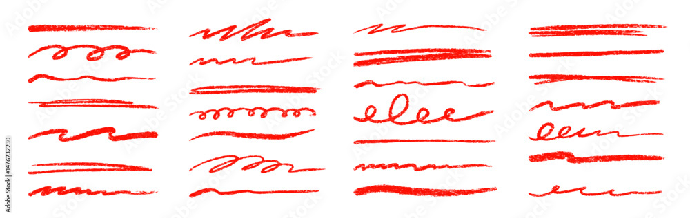 Aufkleber red line underline crayon pencil brush stroke set. handwritten highlight doodle sketch scribble unde