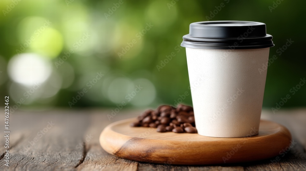 Poster blank white roll up banner mockup prepared for display in a professional setting with coffee backgro